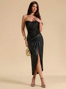 SHEIN BAE Top de camisola con cuello de corazón, textura de jacquard negro, con volantes, apropiado para fiesta y citas, negro, corto - Negro - Ver 5