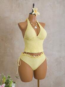 Swim Mod Women's 2pcs Summer Beach Swimsuit Set, Special Textured Halter Neck Tie Top And Ruffle Trim Drawstring Waist Bikini Bottom - Yellow - View 4