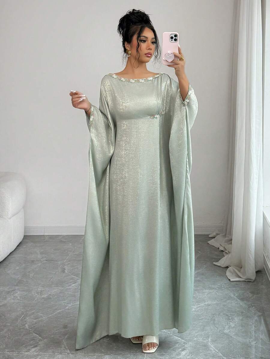 Elenzga Vestido elegante de manga de murciélago con aplicaciones bordadas para fiesta - Verde - Ver 1