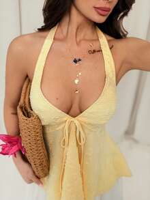 Firerie 女士休闲度假波点纹理面料吊带背心 黄色露背女士沙滩装 女士沙滩上衣 2026夏季 女士夏季度假、毕业季、婚礼季、返校季、复活节派对和午餐 可爱休闲夏季吊带背心 - 甜美、浪漫、乡村风格针织纹理，荷叶边细节，松紧腰，宽松下摆，前短后长设计，黄色细肩带上衣 派对 A 编号女士露领露背 - 黃色 - 查看 1