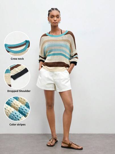 Maija Women's Round Neck Hollow Out Contrast Stripe Print Long Sleeve Knit Top, Spring, Summer, Beach Top, Colorful Artistic Striped Knitted Openwork Tops For Going Out, Elegant Top, Holiday, Holiday, Beach Vacation