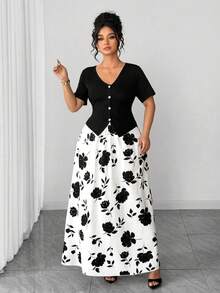 Elenzga Women's Plus Size V-Neck Short Sleeve Loose Knit Top & Printed A-Line Long Skirt 2 Pieces Set, Casual, Comfortable, Versatile For Daily, Work, Vacation, Spring/Summer Two Pieces Outfits 2 Pieces Casual Sets Woman Plus Size Women Clothes 2 Pieces Black And White Floral Flower Print Skirt Women's Floral Midi Set - Multicolor - View 6