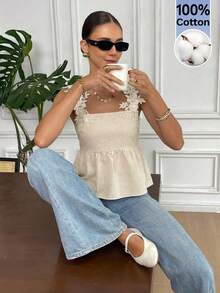Serisse 100%纯棉夏季新款蕾丝贴花吊带背心，女士夏季细肩带100%纯棉刺绣花卉蕾丝拼接上衣，舒适亲肤面料，适合外出/度假，夏季沙滩度假必备单品 - 杏色 - 查看 2
