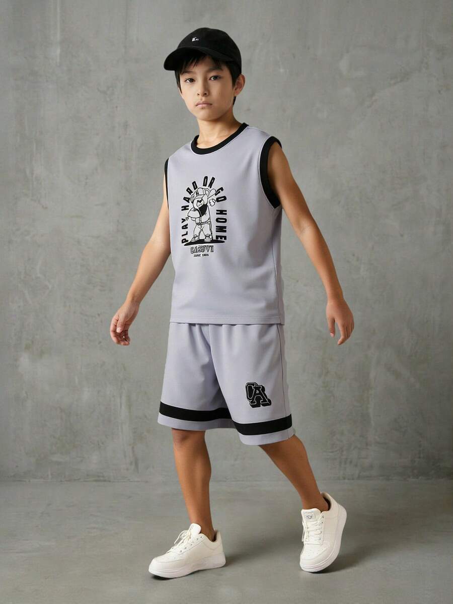 SHEIN Casuvi Kids 2pcs/Set Boys Casual Sports Daily Loose Letter Print Round Neck Short Sleeve T-Shirt And Elastic Waist Loose Letter Print Shorts Set, Summer Basketball Outfit For Boys Boy Sleeveless Sets Boys Tank And Shorts Set Boys Athletic Set Boys 2 Pieces Set Gym Outfit For Kids Boy Kids Outfit Set Boy Summer Sets - Grey - View 1
