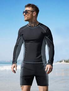 ZELFYO 2 piezas Conjunto casual y cómodo de manga raglán de cuello redondo de color contrastante para hombre, ideal para vacaciones - Negro - Ver 3
