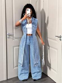 BamGleam Đầm denim dài tay dáng casual dành cho nữ, thích hợp mặc hàng ngày hoặc đi hẹn hò. - Rửa trung bình - Xem 5