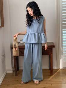 DAZY Conjunto de top de tirantes de mezclilla con volantes en el bajo y pantalones de mezclilla para niña preadolescente de verano informal de unicolor - Azul - Ver 5