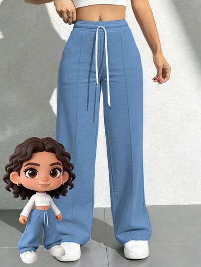 Pantalones de chándal de cintura alta de color sólido - Pantalones de yoga de pierna ancha y corte holgado con bolsillos laterales, adecuados para el uso diario en otoño, pantalones casuales holgados de unicolor y elegante y minimalista