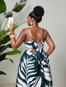 Maweii 大码度假风白色绿色黑色撞色热带植物印花波西米亚风吊带收腰飘逸连衣裙 - 彩色 - 查看 3