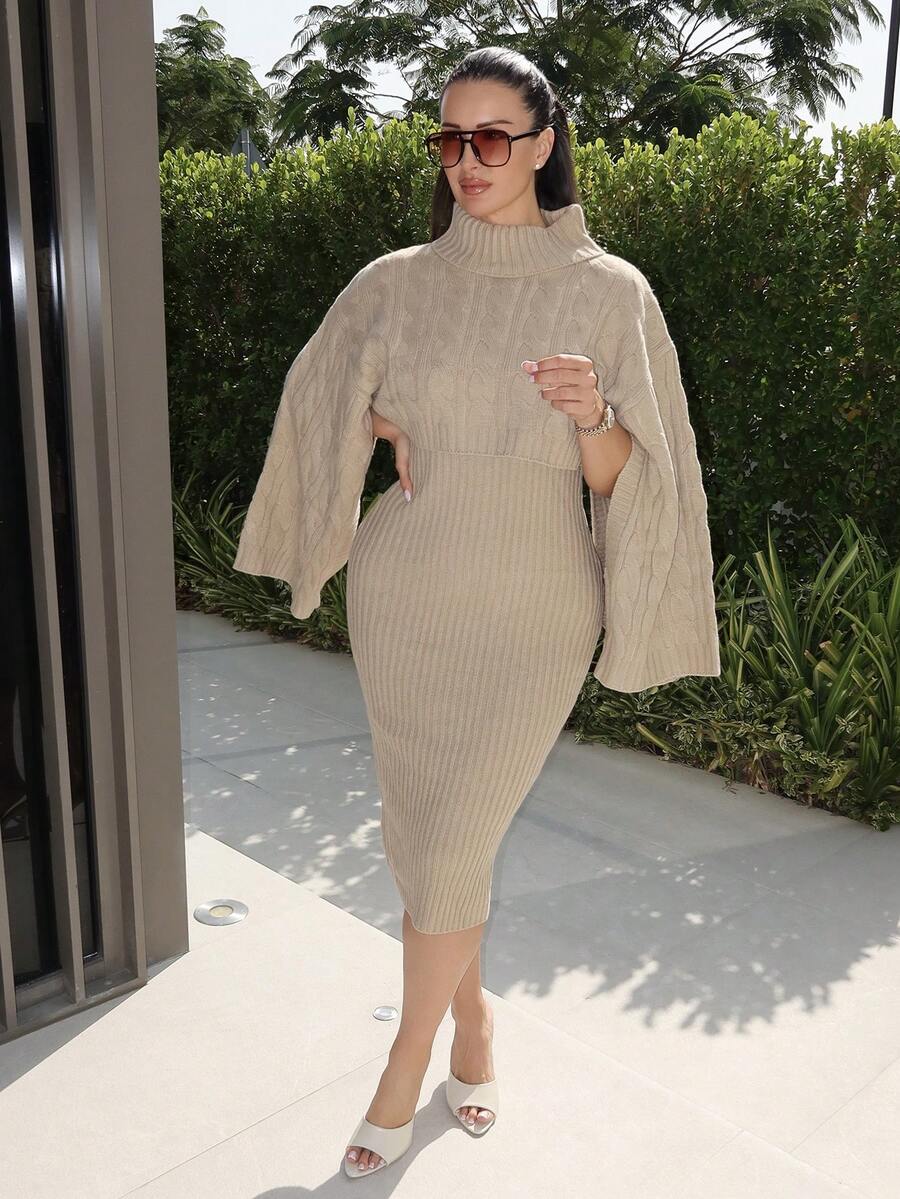 MDEdit 2 件套女式休闲针织毛衣上衣和长裙套装，宽松高领长袖短款上衣和裙子，秋冬 - 杏色 - 查看 1