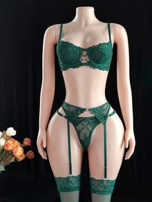 5pack Embroidery Mesh Ring Linked Garter Underwire Lingerie Set - Dark Green - View 4