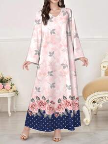 SHEIN Najma 玫瑰花卉波点印花V领长袖连衣裙，优雅阿拉伯风格服装，春夏款 - 彩色 - 查看 1