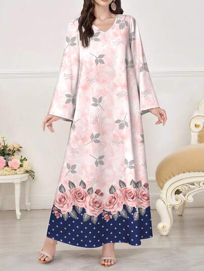 SHEIN Najma Rose Floral & Polka Dot Print V-Neck Long Sleeve Maxi Dress, Elegant Arabic Style Clothing, Spring/Summer