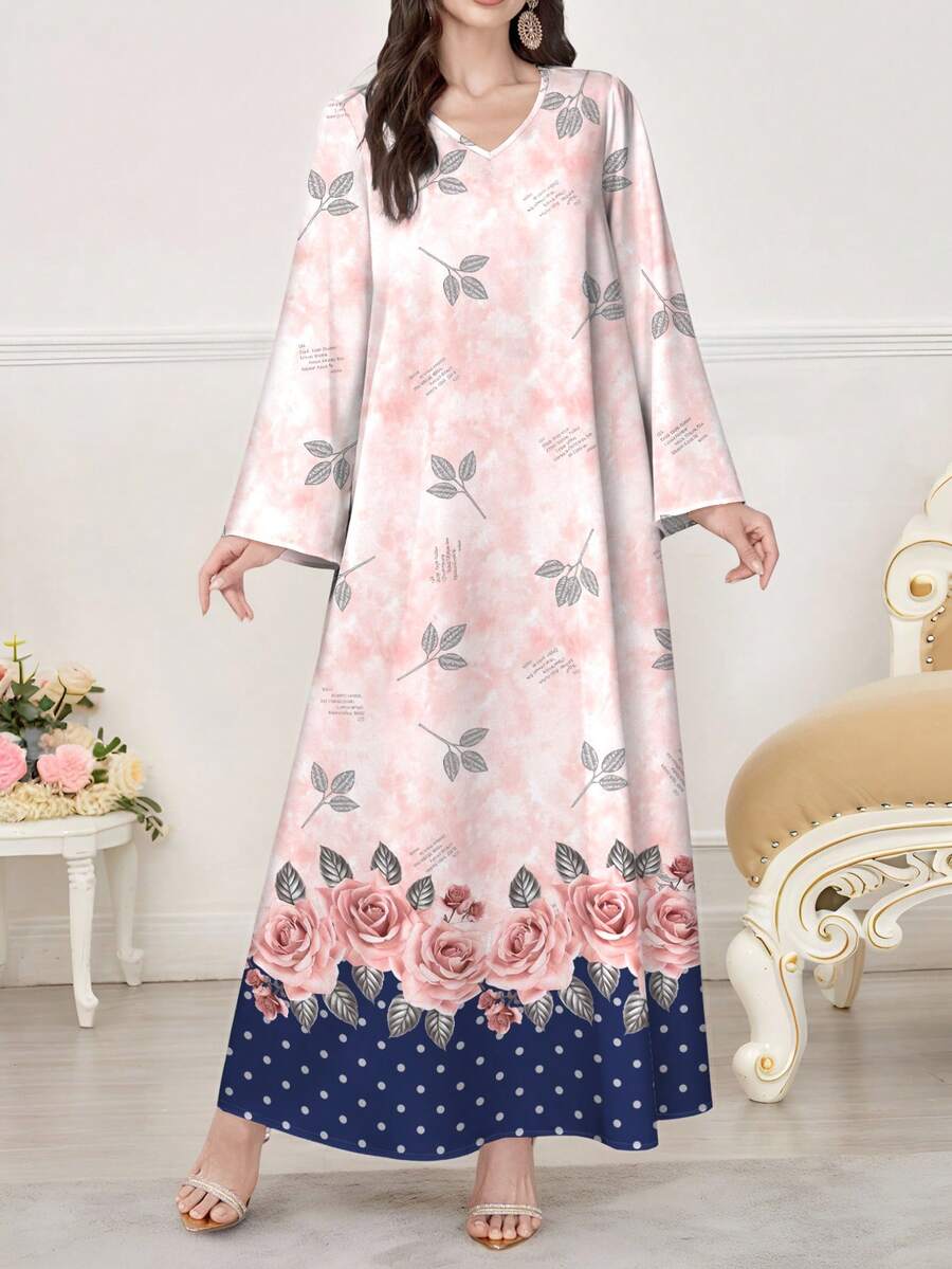 SHEIN Najma 玫瑰花卉波点印花V领长袖连衣裙，优雅阿拉伯风格服装，春夏款 - 彩色 - 查看 1