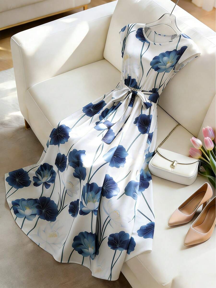 Franclia 女士休闲碎花连衣裙，夏季蓝色系腰长裙 - 藍色 - 查看 1