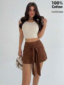 Firerie Women's Elegant Casual Everyday Commute Office Versatile Shorts, Brown Tie-Up Design Decoration Loose Straight Leg Shorts, Suitable For Vacation, Beach, Teacher , Daily Wear - Brown - View 7