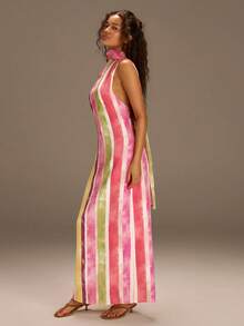 Athîral Women's Striped Ribbon Design Halter Dress, Fashionable For Dates - Multicolor - View 5