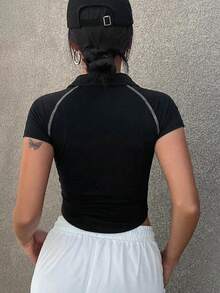 Camiseta deportiva casual de verano para mujer con cuello Mao, manga corta, ajustada y corta con cremallera hasta la mitad - Negro 3 - Ver 3