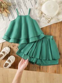 2 Pieces Set:Young Girls' Peacock Green Sleeveless Halter Top With Loose Shorts,Summer Matching Family Vacation Outfit,Holiday Casual Travel Wear - Green - View 5