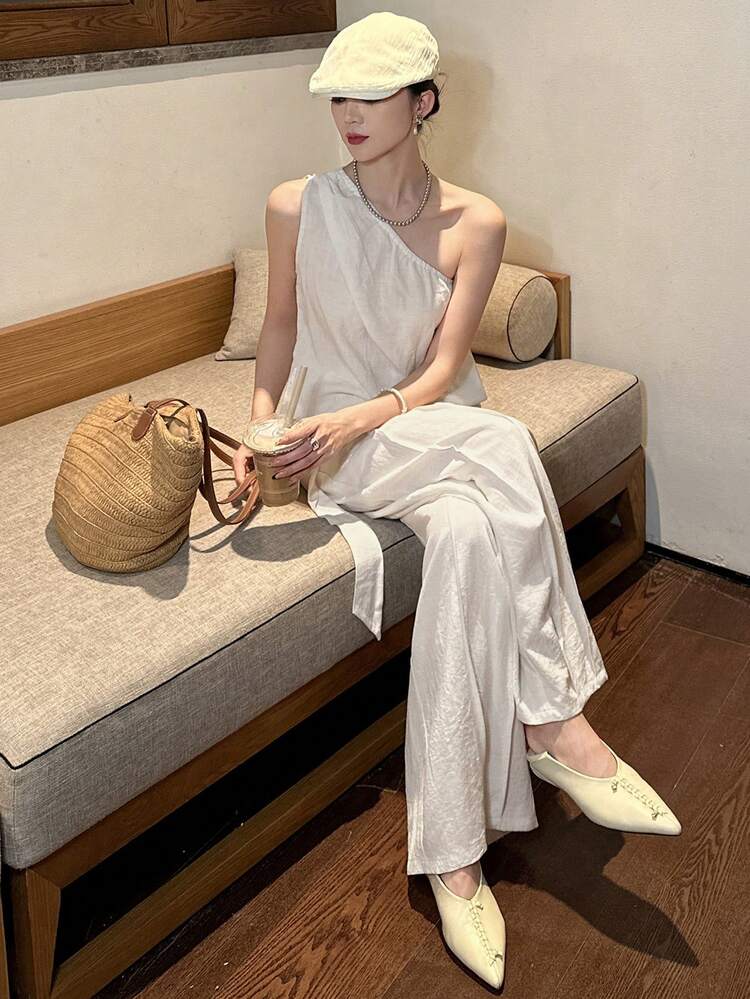 Women's Casual Solid Color Waist Belt Halter Top And Wide Leg Pants 2 Pieces Set, Spring/Summer