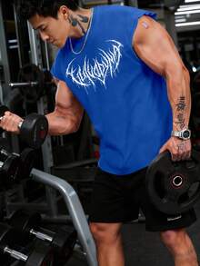 GymBeat 男士哥特风印花无袖运动背心 - 藍色 - 查看 3