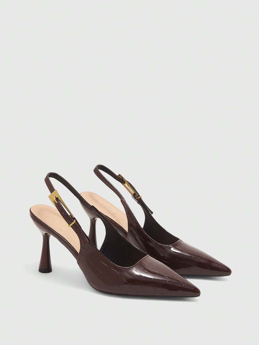 CUCCOO BIZCHIC Women Shoes Pointed Thin High Heel Brown Embossed Back Strap Buckle Women's High Heel Single Shoes Daily Comfort Fashion Empty Women's Shoes After Commuting Spring Shoes - coffee color - View 1