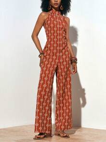 Zivah Women's Casual All-Over Print Halter Jumpsuit - Rust Brown - View 6