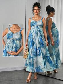 Momance 孕妇连衣裙，双层荷叶边装饰，带衬垫胸部设计，褶裥胸部，贝壳花卉雪纺数码印花，双层荷叶边下摆，多层蛋糕裙 - 彩色 - 查看 1