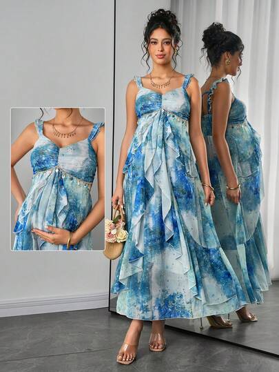 Momance Maternity Dress With Double-Layer Ruffle Trim, Padded Bust Design, Pleated Bust, Shell Floral Chiffon Digital Print, Double-Layer Ruffle Hem, Multi-Tier Cake Dress