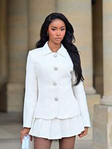 Mima John Conjunto de traje de mujer de unicolor con botones delanteros, versátil y de moda - Blanco - Ver 3