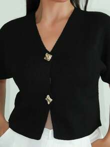 MDEdit 新款简约时尚通勤深V领短袖修身双扣开衫，休闲百搭 - 黑色 - 查看 4