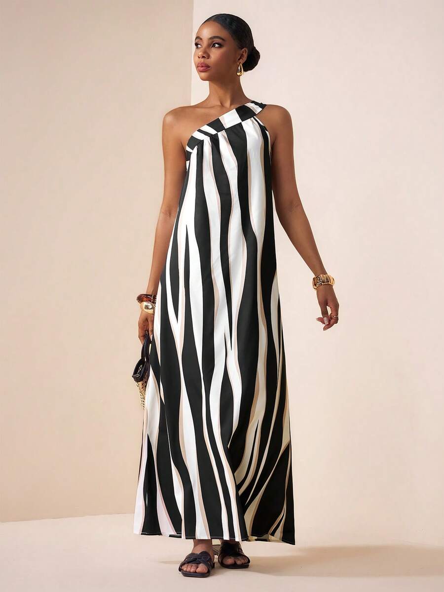 Zivah 2026 Spring/Summer New Arrival, Suitable For Valentine's Day, Wedding Season, Music Festivals, Easter, Western Style, Nomadic Style, Bohemian, Nashville, Party Attendance, Wedding, Evening Party, Date, Gathering, Birthday Party, College Style, Student Wear, Daily Outings, Basic Versatile, Casual, Vacation, Cruise Travel, Beach, Sunbathing, Viral Hit, Elegant, Commute, Business Casual, One-Shoulder Tie Strap Asymmetric Sleeveless, Wavy Black Khaki Stripe Print Loose A-Line Maxi Dress, Striped Maxi Dress, Spring/Summer Maxi Dress, Party Maxi Dress, Sexy Maxi Dress, Vacation Maxi Dress, Casual Maxi Dress, Women Maxi Dress - Multicolor - View 1