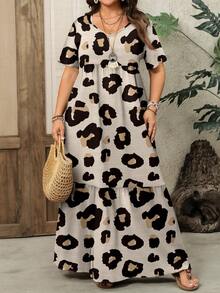 EMERY ROSE Gaun Lengan Pendek Kasual Motif Leopard Ukuran Besar untuk Wanita, Cocok untuk Musim Panas - MultiWarna - View 3