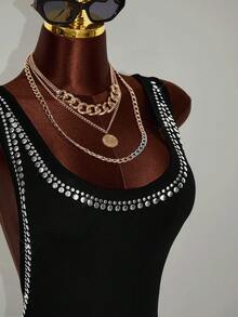 Amplova Sexy Low-Cut Rhinestone Cutout Jumpsuit, Tight-Fitting Shiny Sequin Jumpsuit - Black - View 7