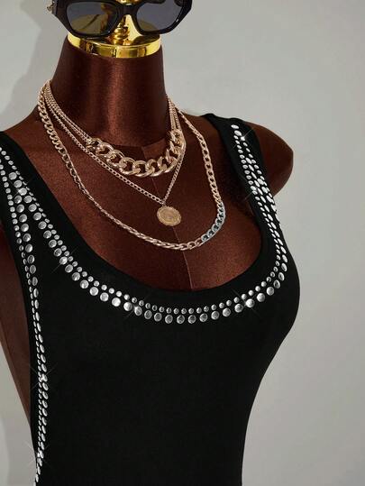 Amplova Mono con escote sexy, recortes y diamante de imitación, mono ajustado brillante con lentejuelas