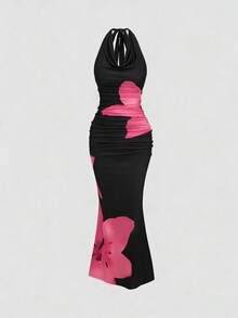 Sweetra Plus Size Women's Elegant Floral Print Halter Neck Fishtail Dress, Summer - Pink - View 1