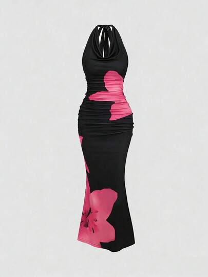 Sweetra Plus Size Women's Elegant Floral Print Halter Neck Fishtail Dress, Summer