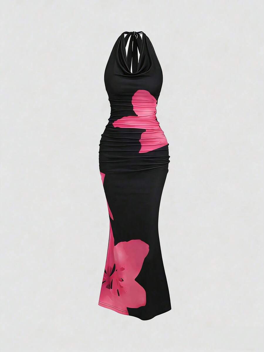 Sweetra Plus Size Women's Elegant Floral Print Halter Neck Fishtail Dress, Summer - Pink - View 1