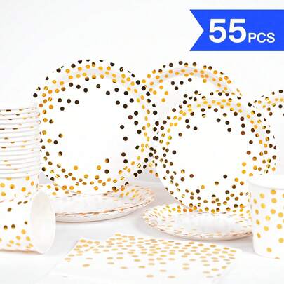 Set Of Disposable Plates, Napkins, And Paper Cups With Gold Dots On A White Background, Suitable For 10 Guests. These Disposable Party Supplies, Including Plates, Napkins, And Paper Cups, Are Perfect For Birthdays, Weddings, Parties, And Family Picnics
