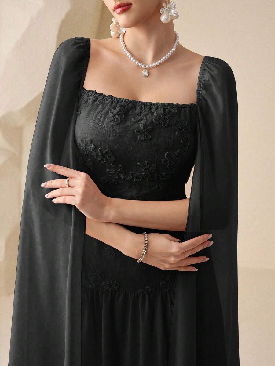 Modelyn Đầm dạ hội sang trọng, thanh lịch, màu trơn, chất liệu chiffon, họa tiết hoa ghép mảnh, tay áo cánh hoa rộng, eo thắt gọn. - màu đen - Xem 1