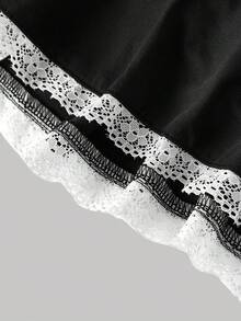 SHEIN MOD Black Drawstring Ruched Waist Tiered Cake Skirt With White Lace Trim , Date, Party, Women's Summer And Spring Wear, Spring Break, Vacation, Picnic, Festival, Birthday - Black - View 4