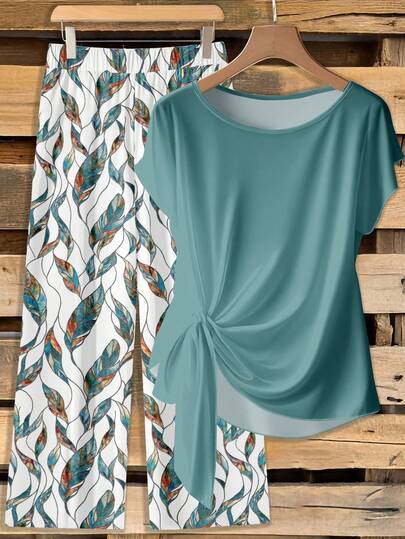 EMERY ROSE Plus Size Women's Solid Light Bat Sleeves Side Knot Solid Teal Blue Top And Floral Branches And Leaves Pattern Pants Two Pieces Suit, Mother Of The Bride Outfit, Elegant Women's Party Event Outfit, Wom