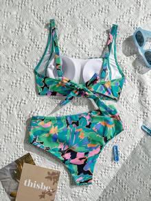 Swim Lushoire 春夏彩色印花褶皱胸部可调节肩带交叉露背吊带背心式上衣和褶皱前开衩低腰泳裤两件式泳衣，适合成熟女性 - 彩色 - 查看 8