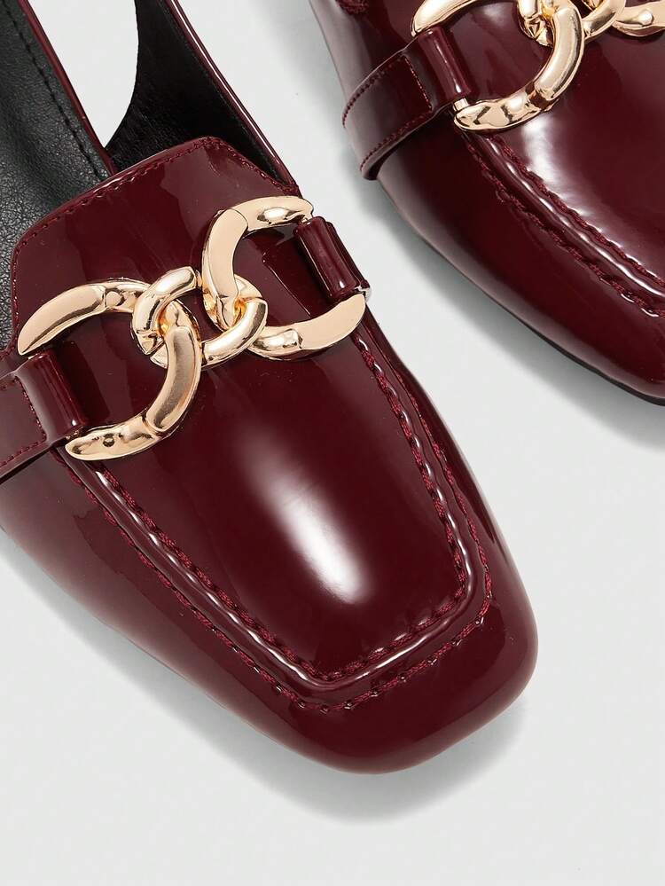 CUCCOO BIZCHIC Women Shoes Square Heel Metal Buckle Burgundy Mirror Fashion Simple Women's High Heel Shoes Back Belt Shoes Vacation Wear Versatile Commuter Wear Old Money Style Wear Spring Shoes