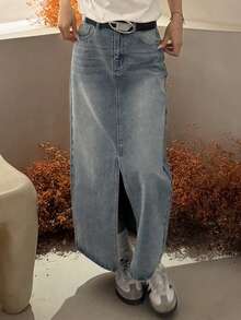 DAZY Teen Girl Ombre Asymmetric Pocket Slit Casual Versatile Denim Skirt - Light Wash - View 2