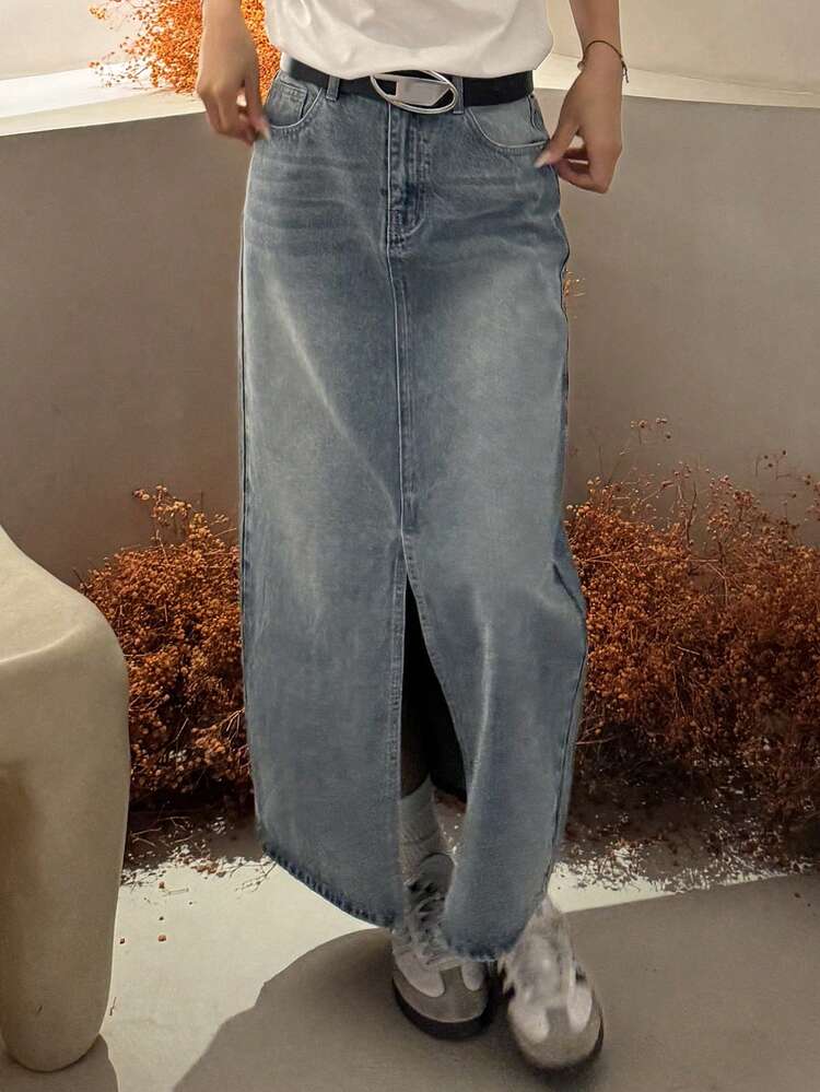 Teen Girl Ombre Asymmetric Pocket Slit Casual Versatile Denim Skirt