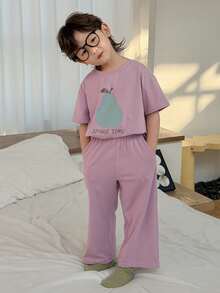DAZY Ensemble de pyjama avec Top à col rond à manches courtes et pantalon avec imprimé de dessin animé pour jeunes garçons - Prune - Voir 4
