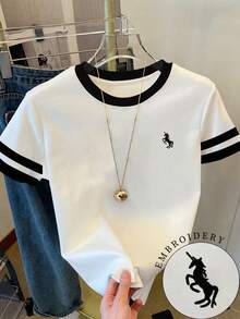 SHEIN 女士大码T恤/独角兽图案刺绣/刺绣工艺/刺绣款式和时尚T恤/女士超宽松休闲撞色大码圆领T恤上衣/春夏 - 彩色 - 查看 1