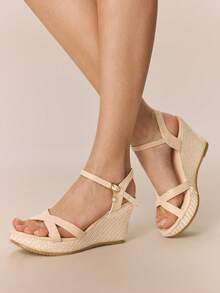 Styleloop Women's Platform-Soled Wedge Sandals Red Summer Open-Toed Straw Rope Woven Shoes Bohemian Vacation Dress Shoes Roman Beach Sandals Holiday Travel Essential Boho Cowgirl Outfit - Beige - View 4