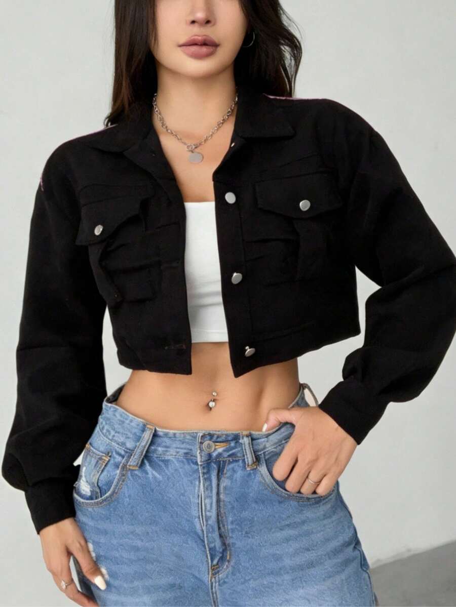 Short Corduroy Jacket With Lapel Detail And Sagging Shoulders For Spring/Winter - Black - View 1